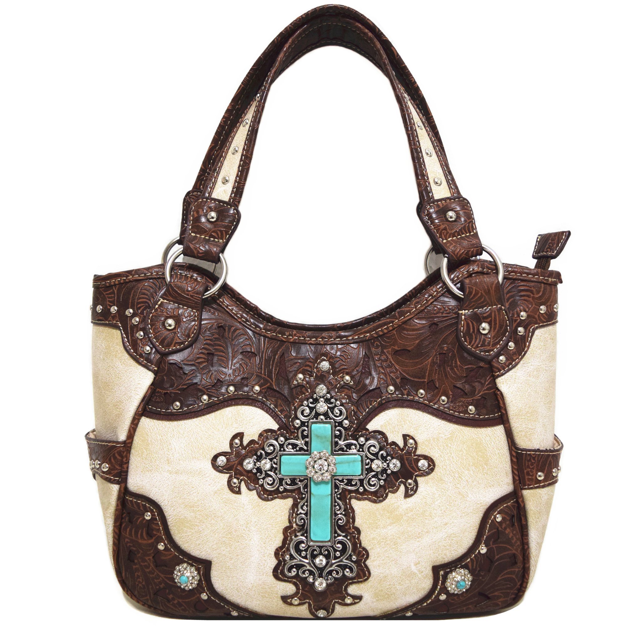 Western Style Rhinestone Cross Conchos Studded Women Purse Tooled Leather Handbag Country Shoulder Bag Trifold Wallet Set (Beige #2)