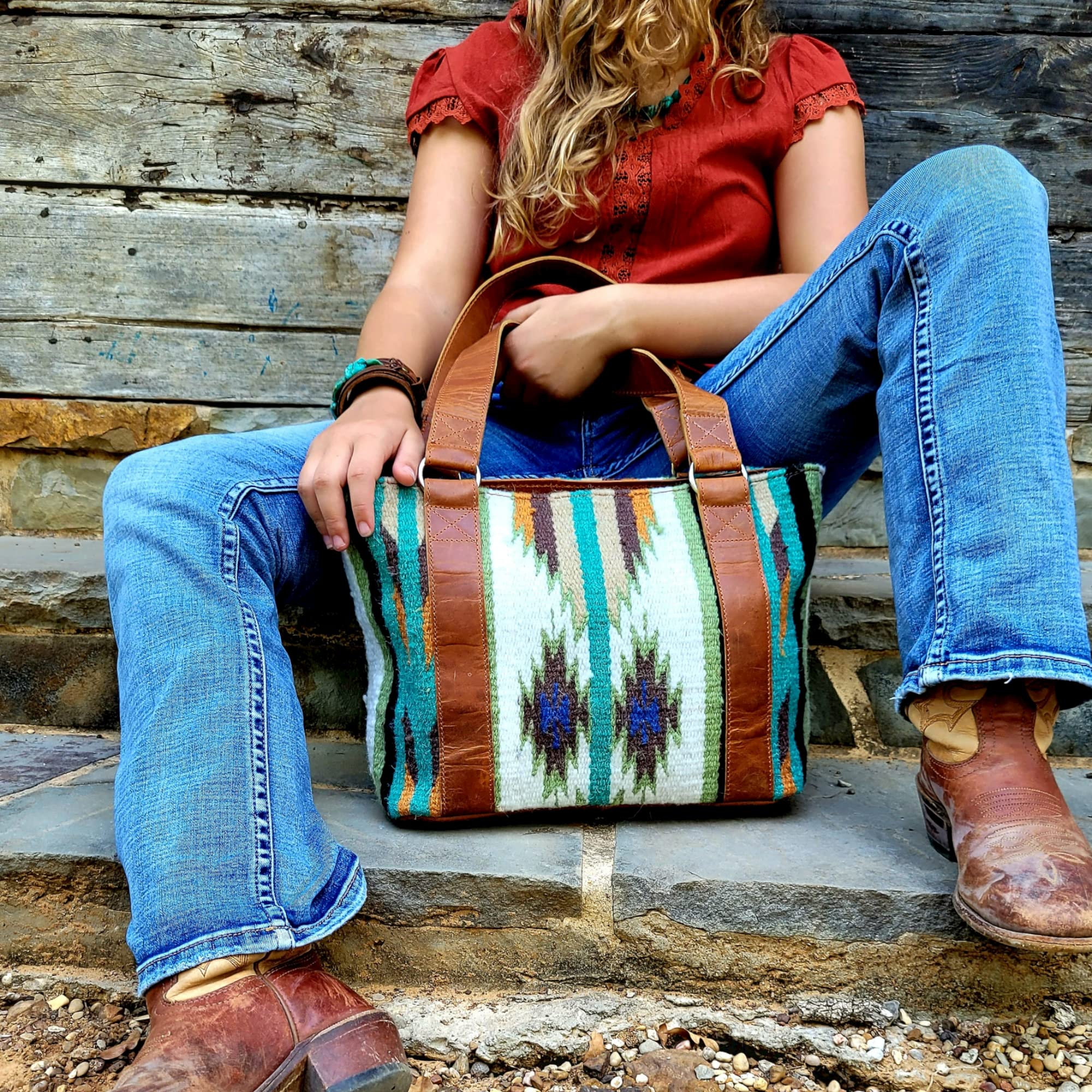 Southwestern Handwoven Wool Leather Boho Tote Western Handbag (Aspen)