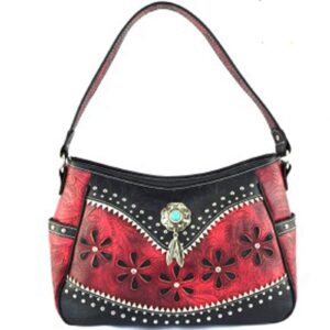 Tooled Leather Laser Cut Concealed Carry Purses Feather Country Western Handbags Shoulder Bags Wallet Set (red)