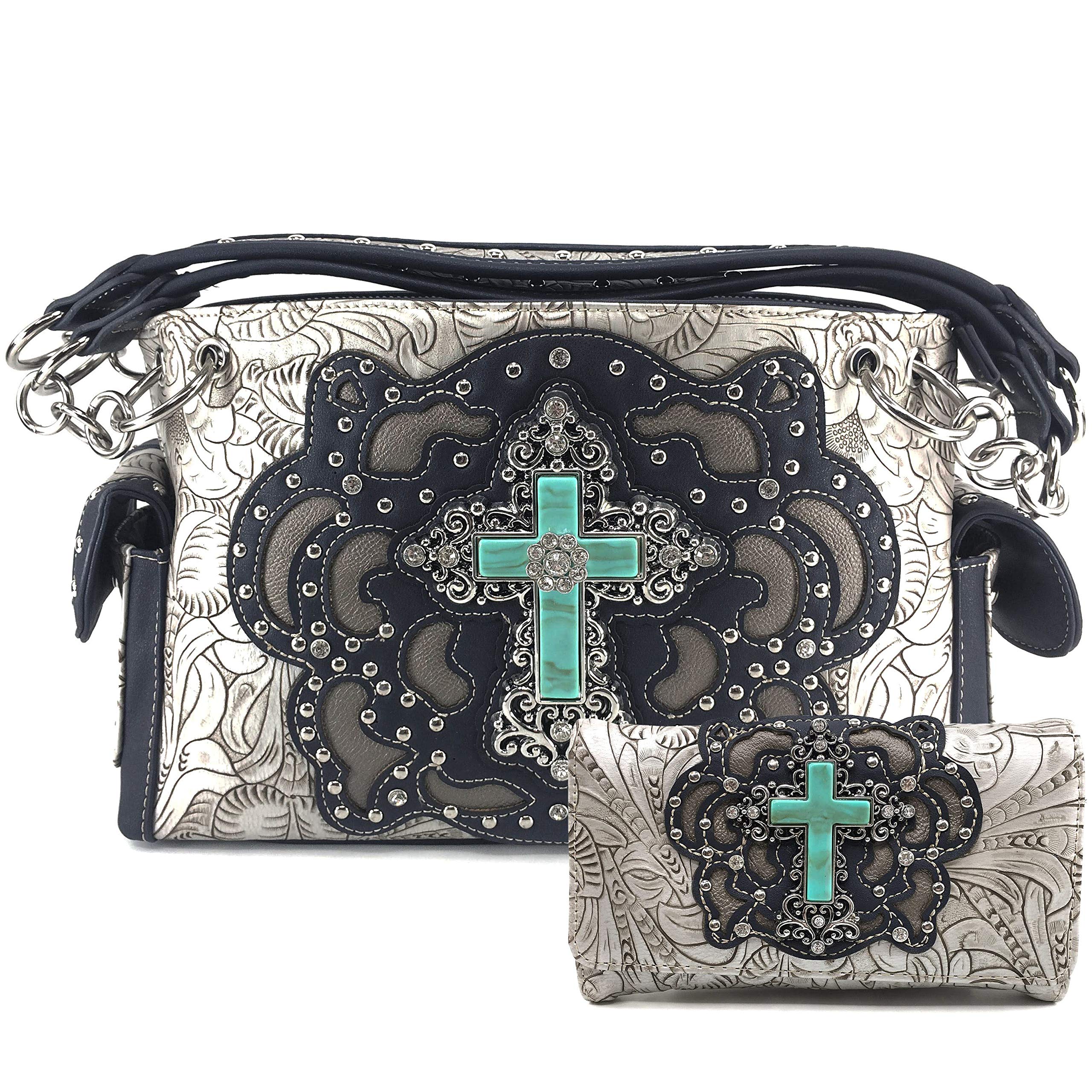 Zelris Western Turquoise Rhinestone Cross Women Conceal Carry Handbag Wallet Set (Silver)