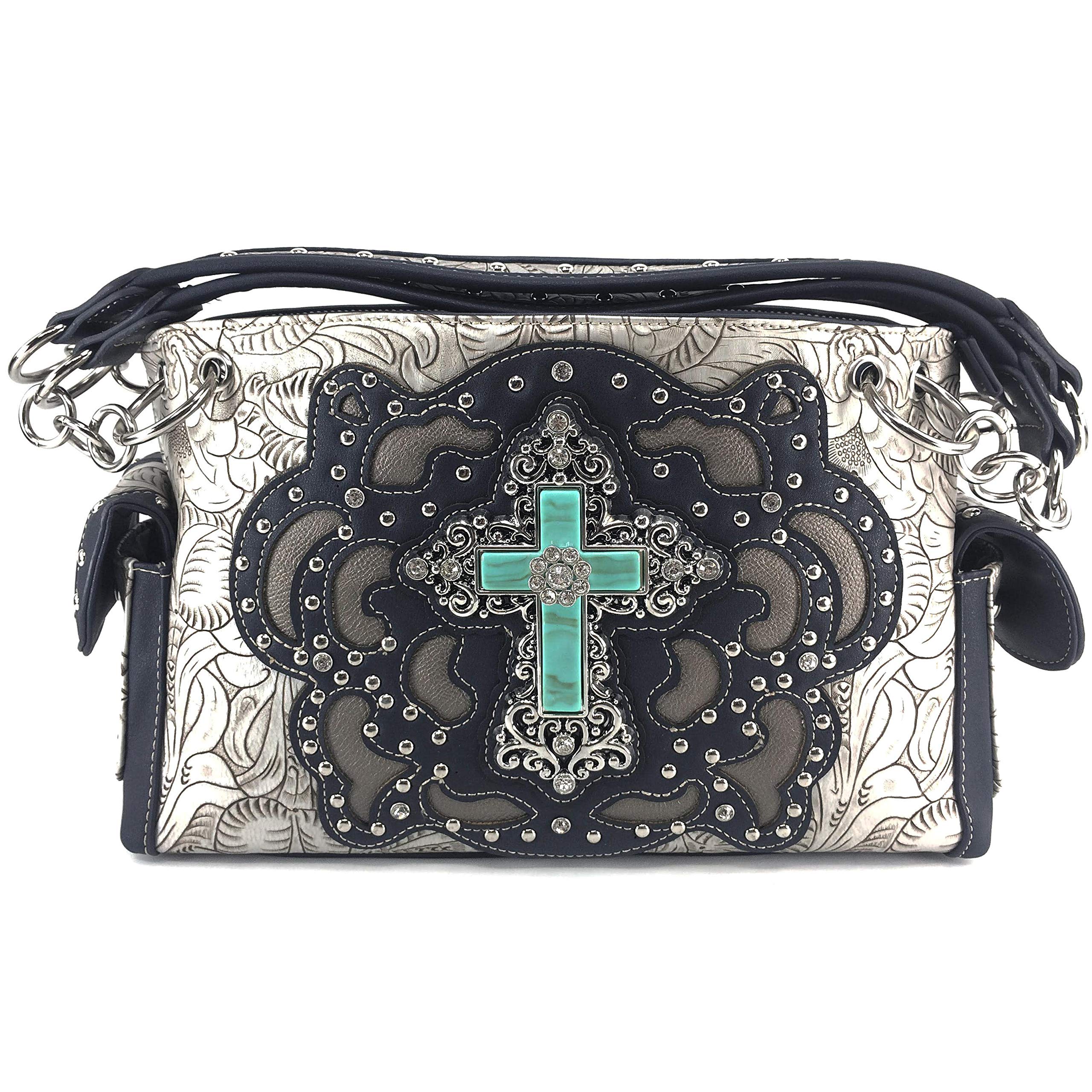 Zelris Western Turquoise Rhinestone Cross Women Conceal Carry Handbag Wallet Set (Silver)