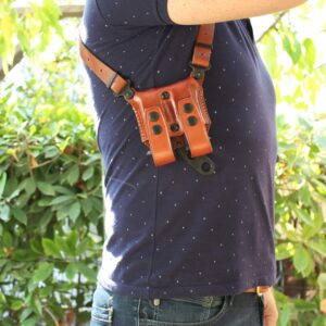 Premium Leather Horizontal Shoulder Holster System with Double Magazine Carrier for Standard Sigg P365 with Out Rail 9mm Micro Compact 3.1''BBL, Right Hand Draw, Brown Color #1329#