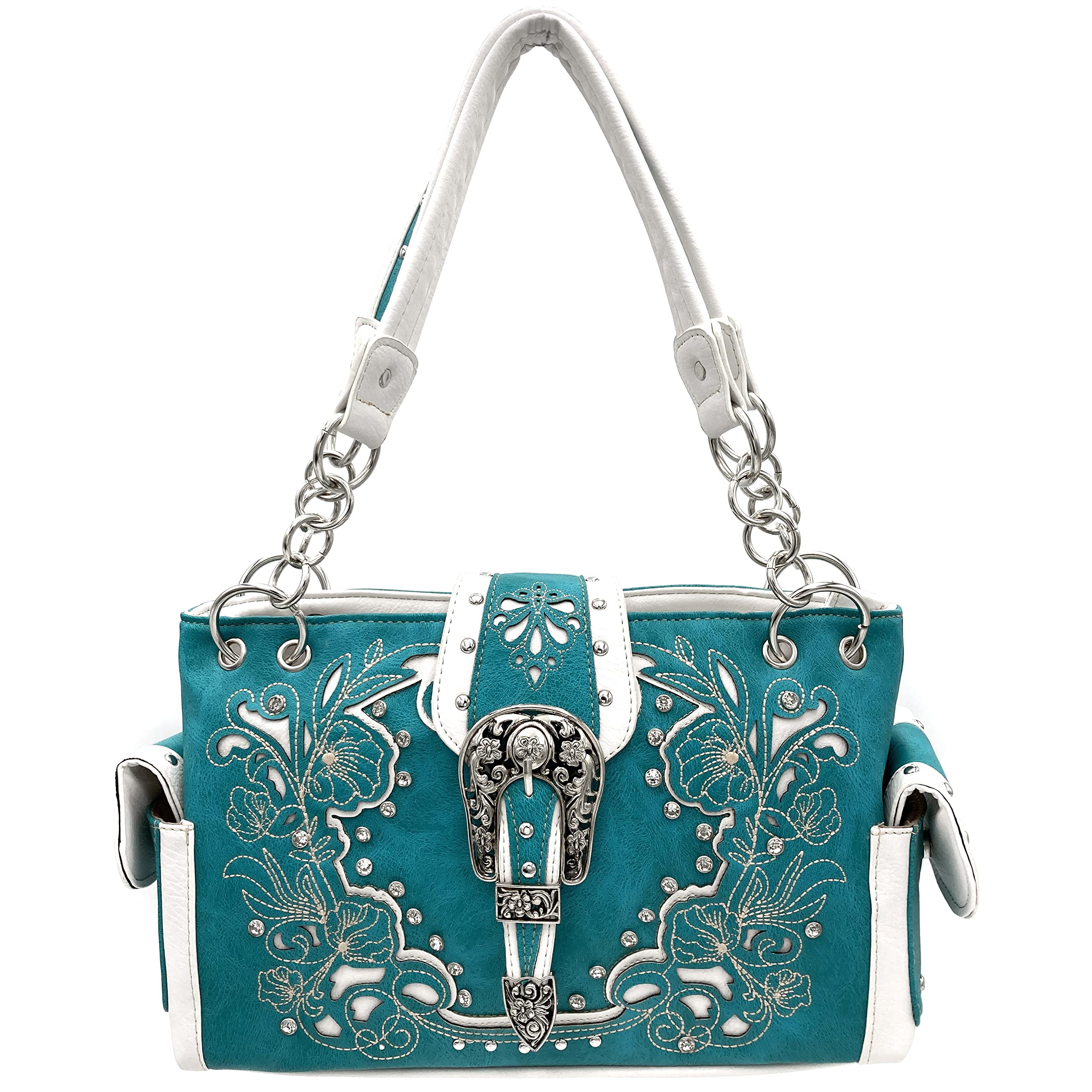 Justin West Tooled Western Leather Turquoise Concho Rhinestone Buckle Studded Shoulder Concealed Carry Handbag Purse (Teal)