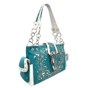 Justin West Tooled Western Leather Turquoise Concho Rhinestone Buckle Studded Shoulder Concealed Carry Handbag Purse (Teal)