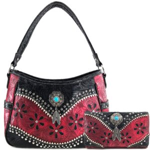 Floral Pu Tooled Leather Turquoise Concho Women Purse Crossbody Wallet Set Red