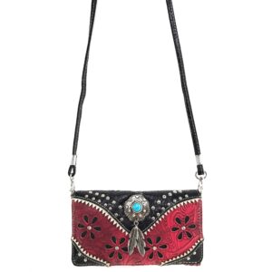 Floral Pu Tooled Leather Turquoise Concho Women Purse Crossbody Wallet Set Red