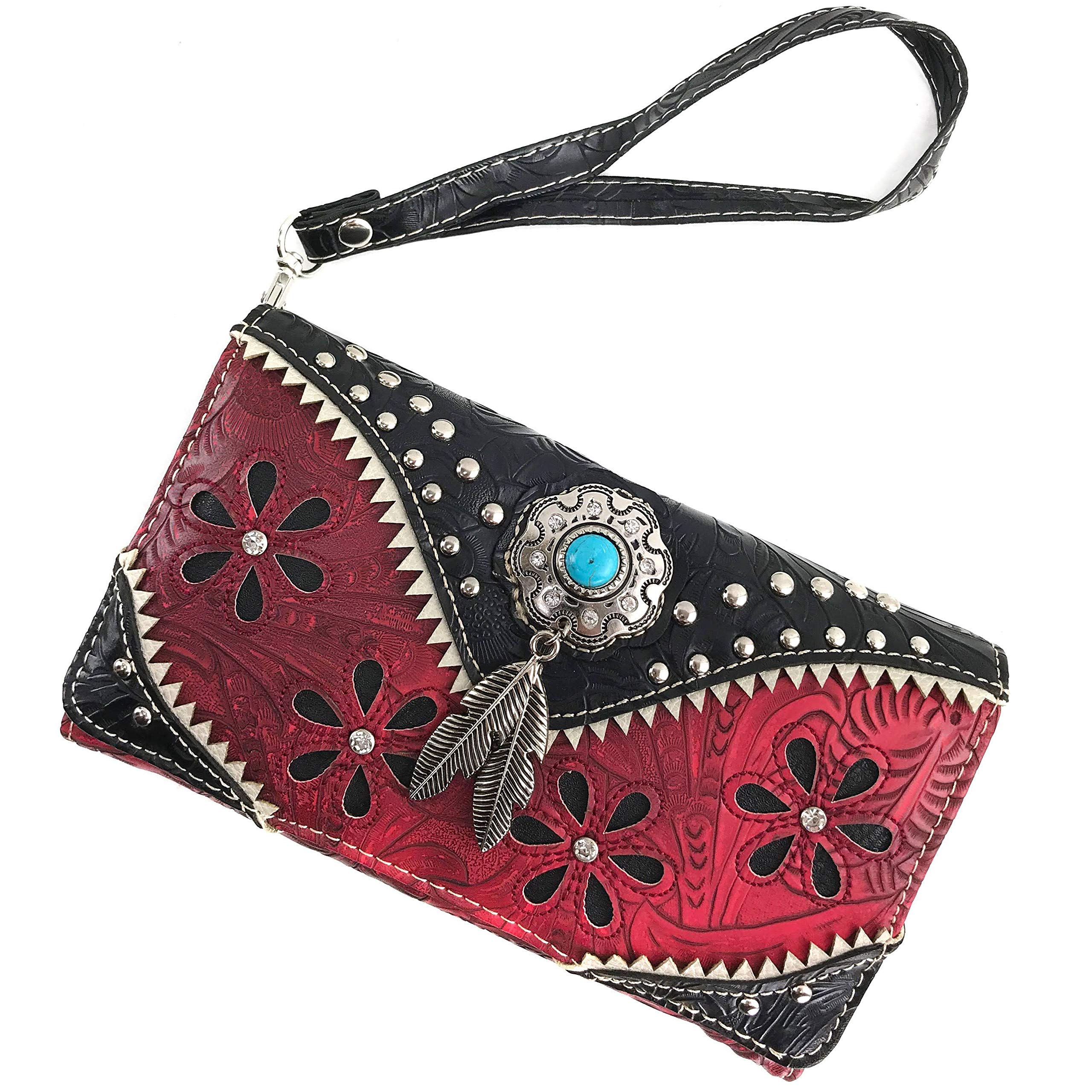 Floral Pu Tooled Leather Turquoise Concho Women Purse Crossbody Wallet Set Red