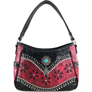 Floral Pu Tooled Leather Turquoise Concho Women Purse Crossbody Wallet Set Red