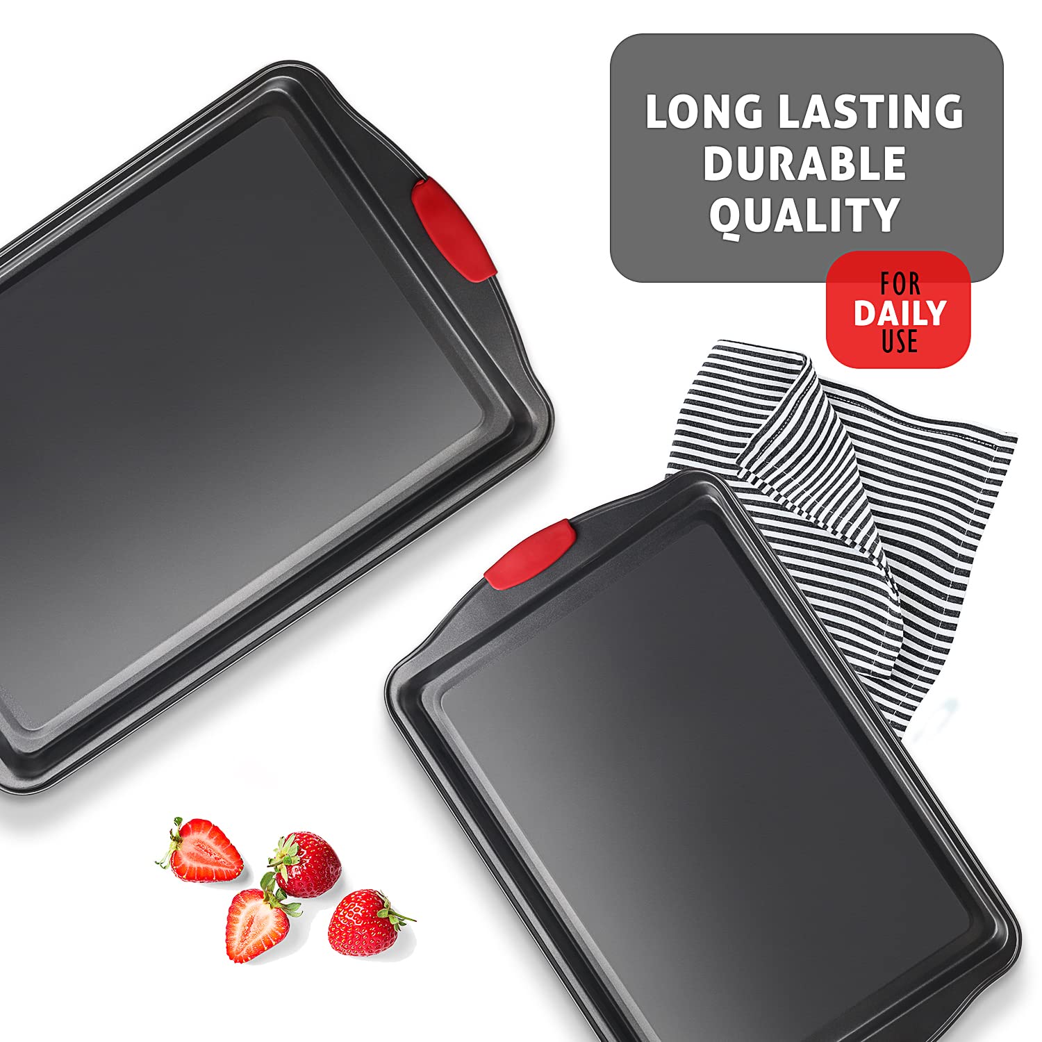 Baking Sheet Set, 2-Piece Large Cookie Sheet Set with Silicone Handles, Steel Baking Pan, Baking Sheets for Oven, BPA Free Cookie Sheets for Baking Nonstick Set, Premium Sheet Pan, Black Baking Tray