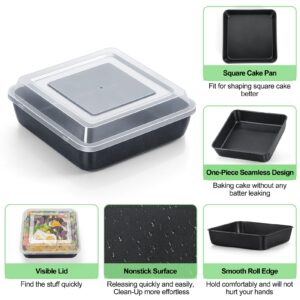 TeamFar 9 Inch Square Cake Pan with Lid, Non-Stick Square Baking Roasting Pan, with Stainless Steel Core for Cooking Cake Brownie Lasagna, Non-Toxic & Heavy-Duty, Release & Clean Easily (1 Pan+1 Lid)