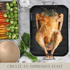 KITESSENSU Hard Anodized Nonstick Roasting Pan with Rack - 16 x 12 inch Aluminum Turkey Roaster Baking Pan for Oven - Oven Safe & Compatible with All Stovetops, Silver