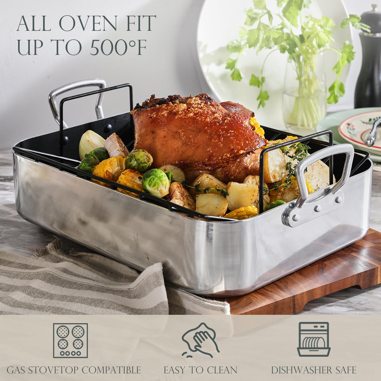 KITESSENSU Hard Anodized Nonstick Roasting Pan with Rack - 16 x 12 inch Aluminum Turkey Roaster Baking Pan for Oven - Oven Safe & Compatible with All Stovetops, Silver