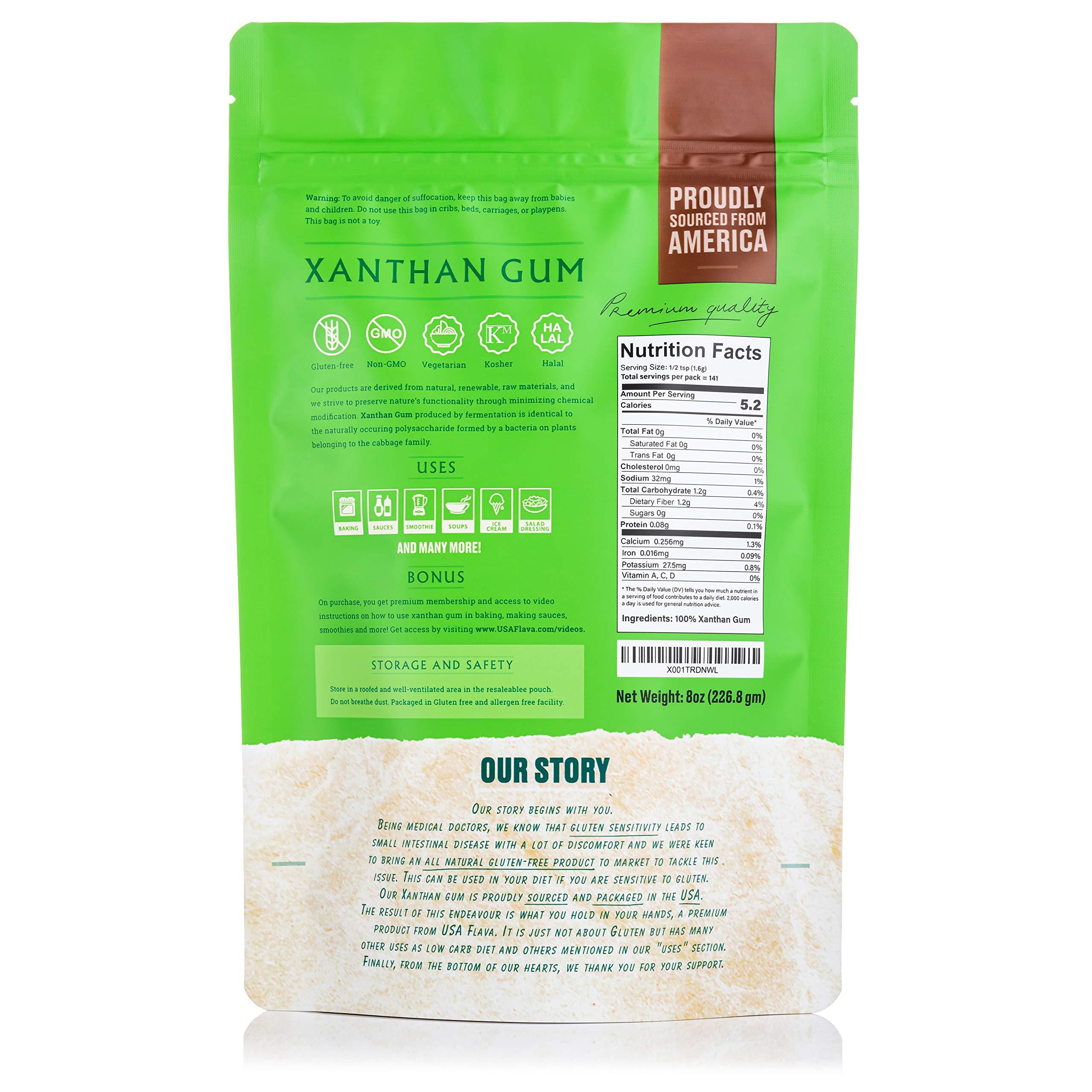 Made in USA Xanthan Gum (8 oz), Premium Quality, Food Grade Thickener, Non GMO, Gluten Free, Use in Cooking, Baking, Sauces, Soups and more. Suitable for Vegetarian, Kosher & Halal. Use for Keto Diet.