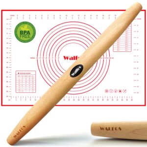 WALFOS French Rolling Pin and Silicone Baking Mat Set, Non-Stick Beech Wood Rolling Pin 17 Inch and Pastry Mat for Best Pie Crust, Cookie, Pasta and Pizza Dough