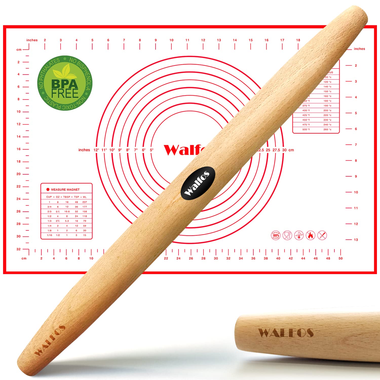 WALFOS French Rolling Pin and Silicone Baking Mat Set, Non-Stick Beech Wood Rolling Pin 17 Inch and Pastry Mat for Best Pie Crust, Cookie, Pasta and Pizza Dough