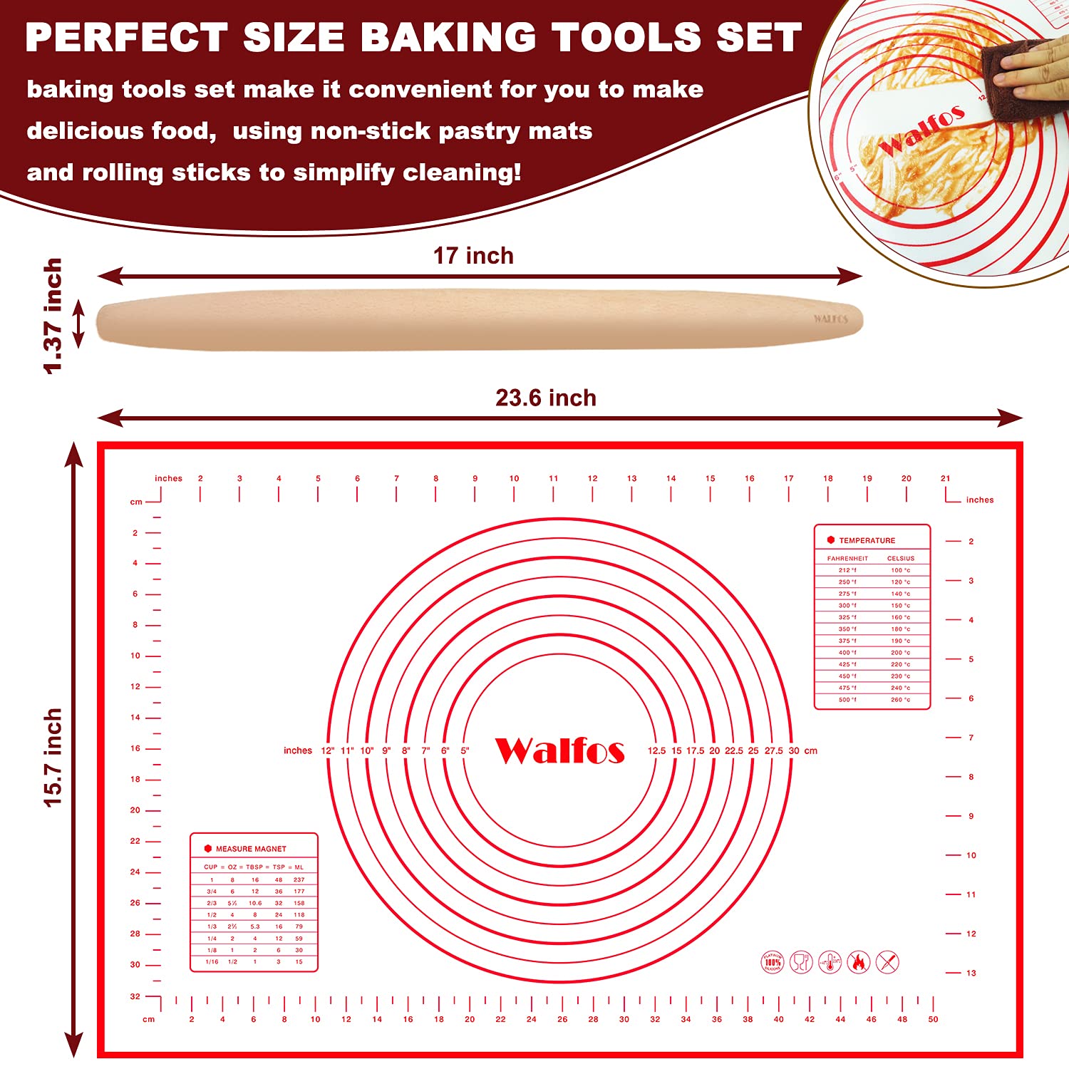 WALFOS French Rolling Pin and Silicone Baking Mat Set, Non-Stick Beech Wood Rolling Pin 17 Inch and Pastry Mat for Best Pie Crust, Cookie, Pasta and Pizza Dough