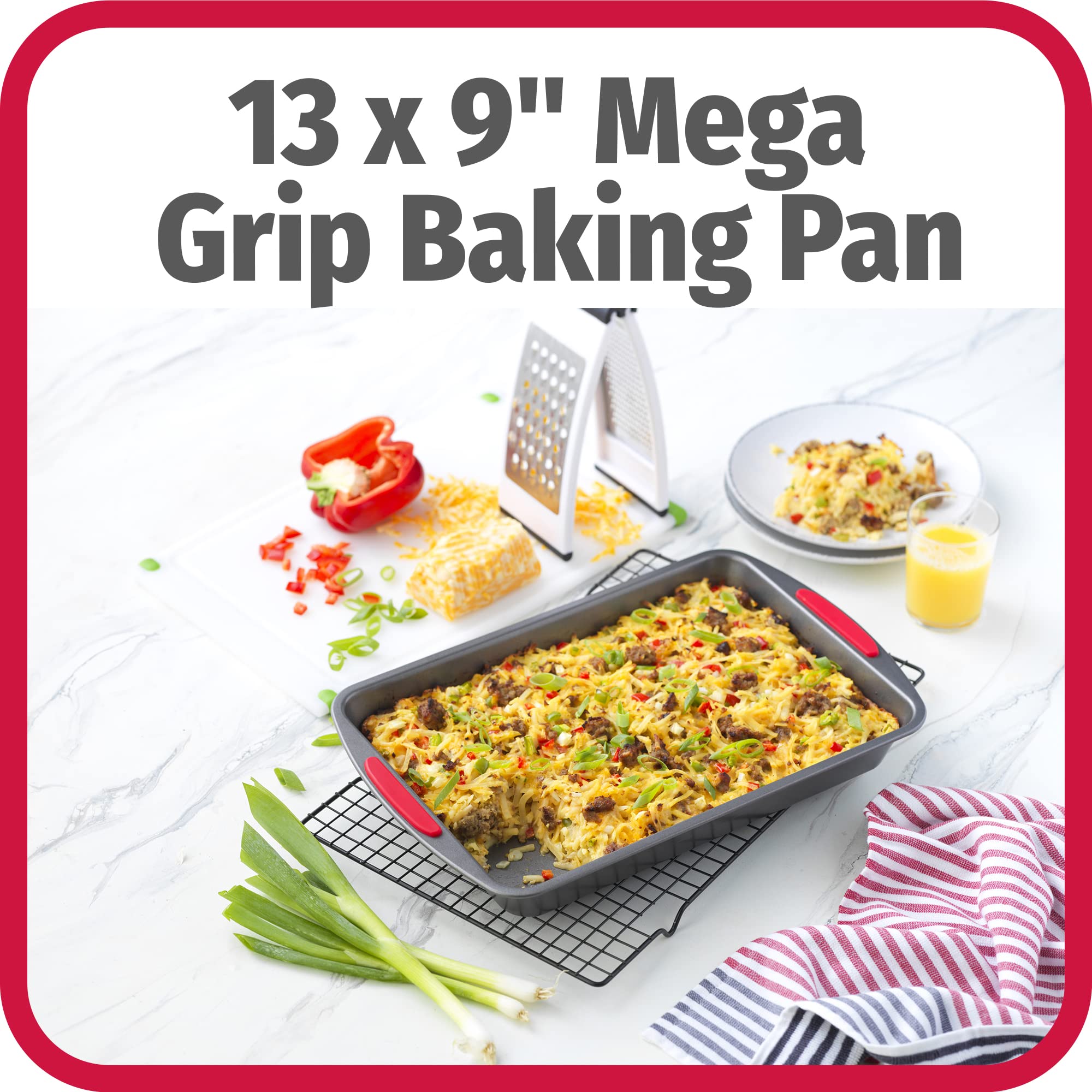 Goodcook Mega Grip 13" x 9" Nonstick Steel Cake Baking Pan with Silicone Grip Handles, Gray