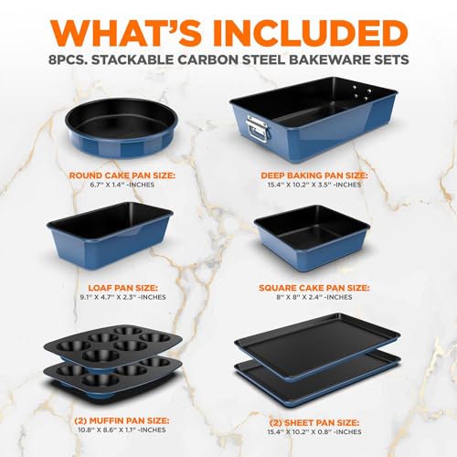 NutriChef 8-Piece Nonstick Stackable Bakeware Set - PFOA, PFOS, PTFE Free Baking Tray Set w/Non-Stick Coating, 450°F Oven Safe, Round Cake, Loaf, Muffin, Wide/Square Pans, Cookie Sheet (Blue)