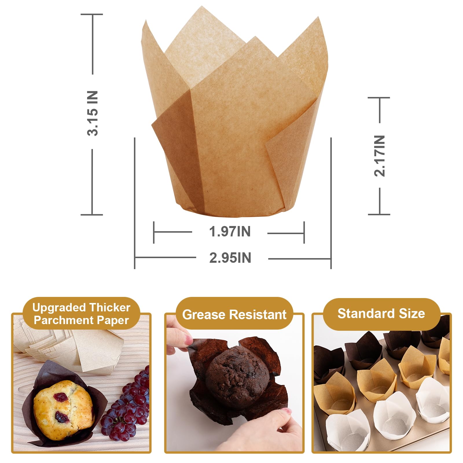 200pcs Tulip Cupcake Liners, Premium Muffin Liners Holders for Baking Cups, Greaseproof Cupcake Wrappers in Standard Size, Classic Parchment Paper Cupcake Liners for Party, Christmas by JIRNGLA