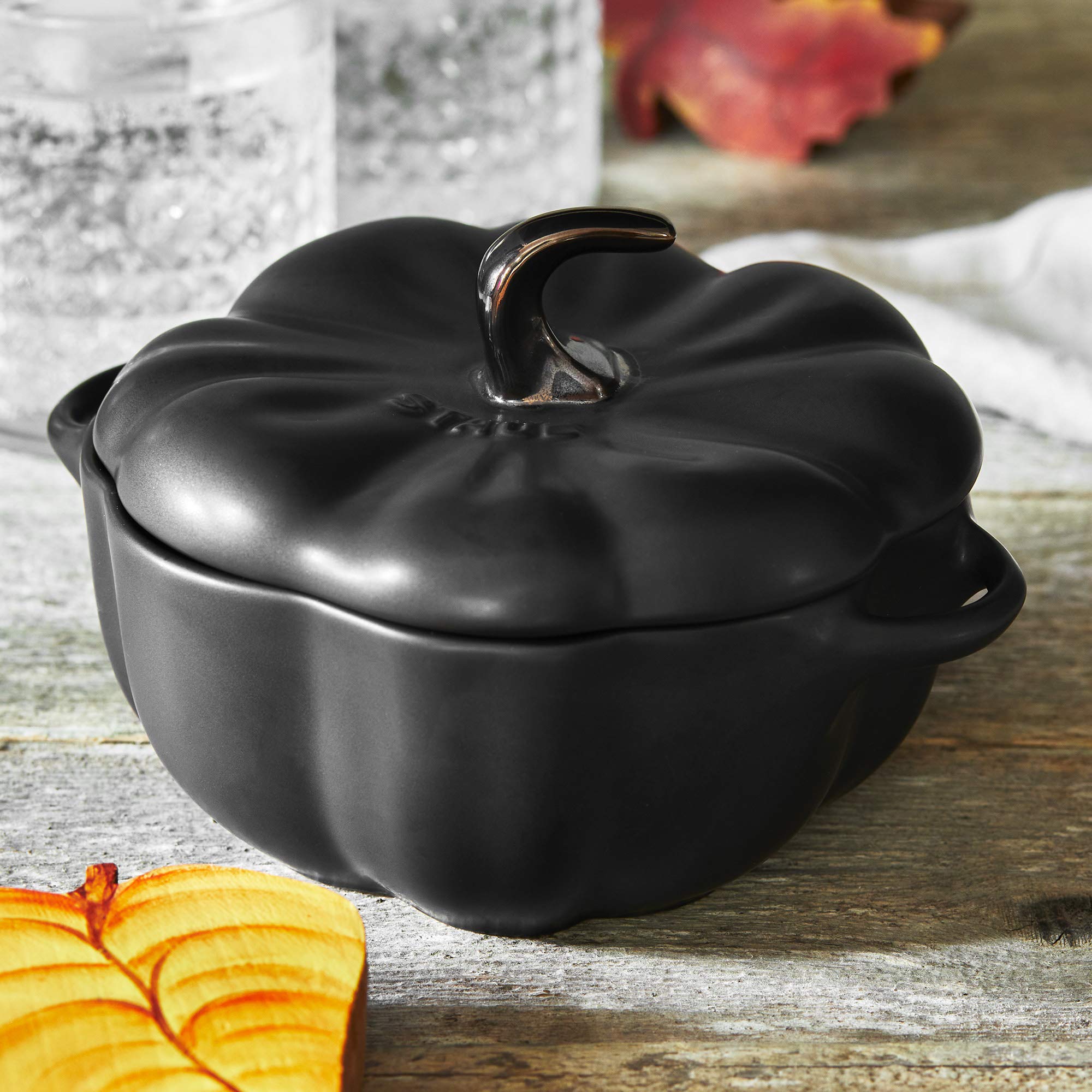 STAUB 0.5-qt Petite Ceramic Pumpkin, Oven & Stove Safe up to 572°F, Baking Dish, Candy Dish, Matte Black