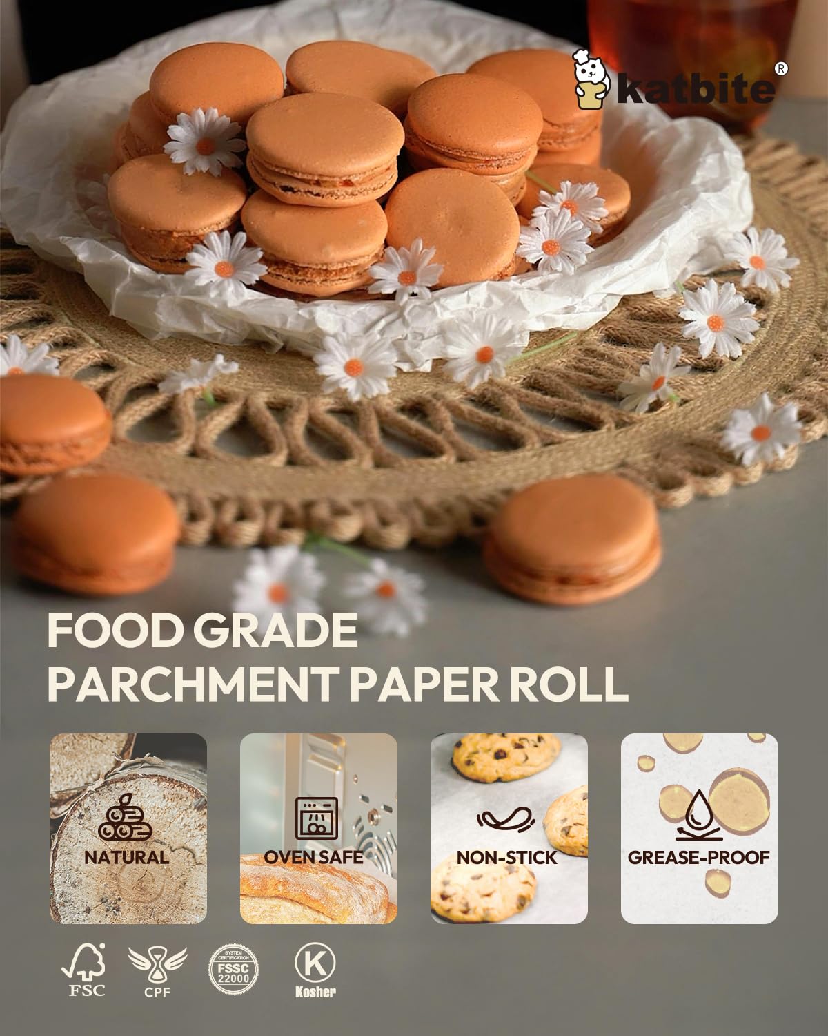 Katbite 15in x 242ft, 300 Sq.Ft Value Pack Parchment Paper Roll for Baking, Parchment Baking Paper with Serrated Cutter, Heavy Duty & Value Pack Parchment Roll for Cooking, Air Fryer, Steaming, Bread