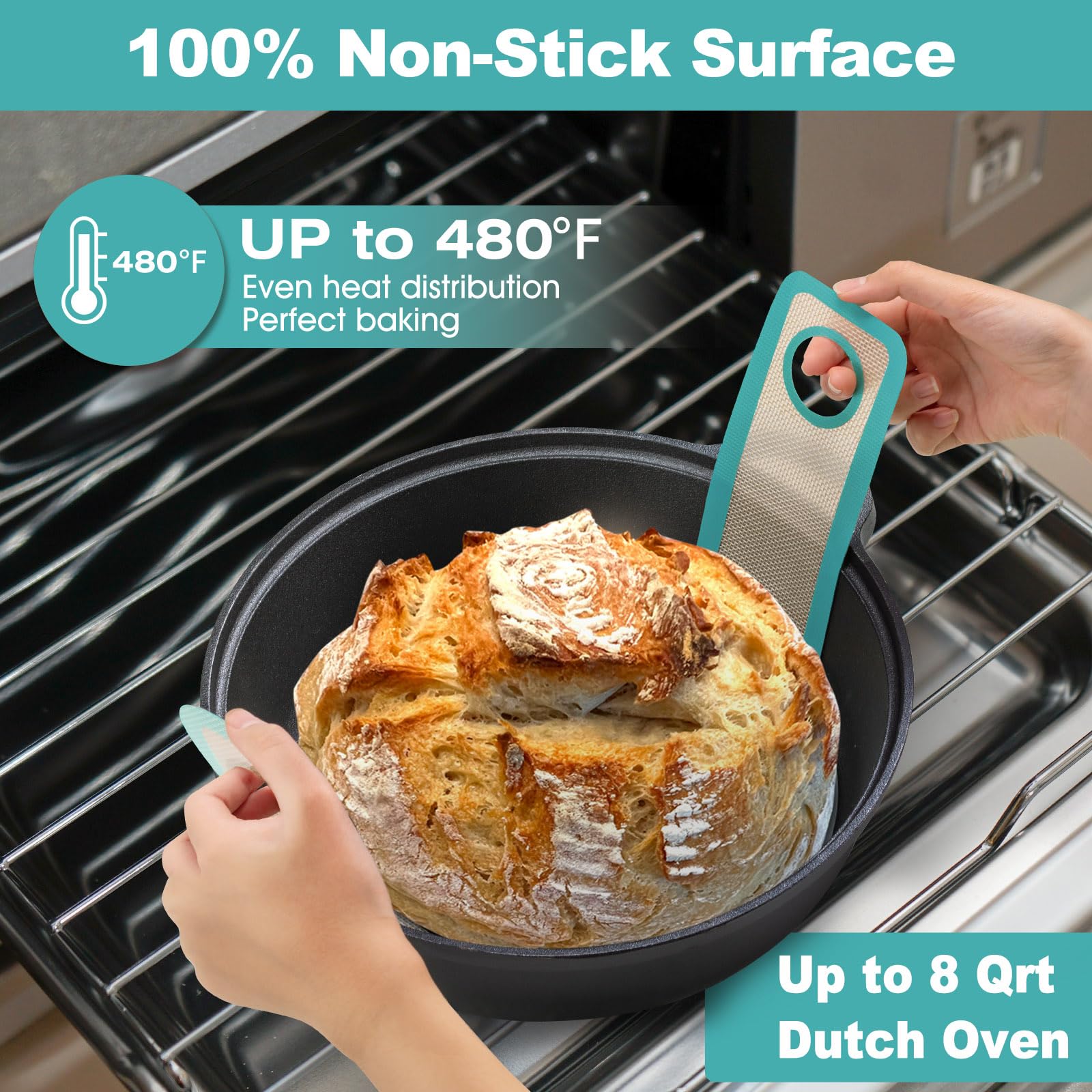 Silicone Bread Sling Dutch Oven - Best Japan Silicone. Non-Stick & Easy Clean Reusable Silicone Bread Baking Mat. With Extra Long Handles Bread Baking Sheet Liner, 2 Mix Colour set Transferable Dough