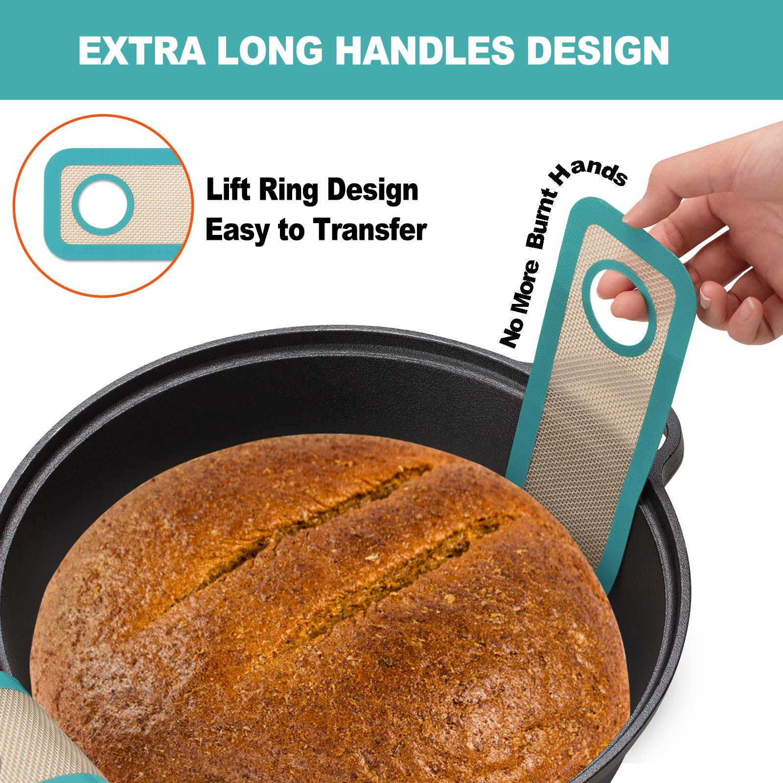 Silicone Bread Sling Dutch Oven - Best Japan Silicone. Non-Stick & Easy Clean Reusable Silicone Bread Baking Mat. With Extra Long Handles Bread Baking Sheet Liner, 2 Mix Colour set Transferable Dough