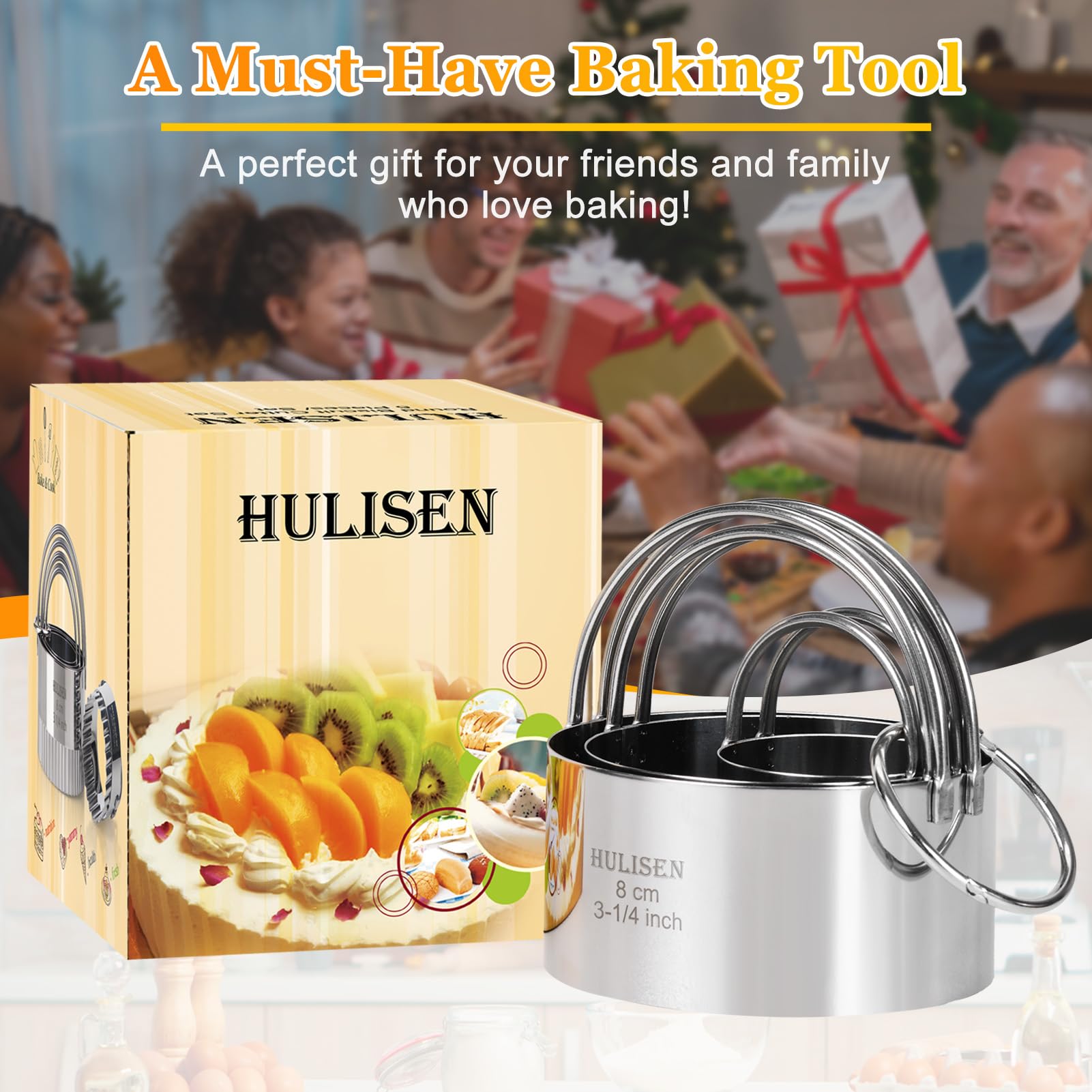 HULISEN Biscuit Cutter Set (3 Pieces/Set), Stainless Steel Round Cookies Cutter with Handle, Professional Baking Dough Tools, Gift Package