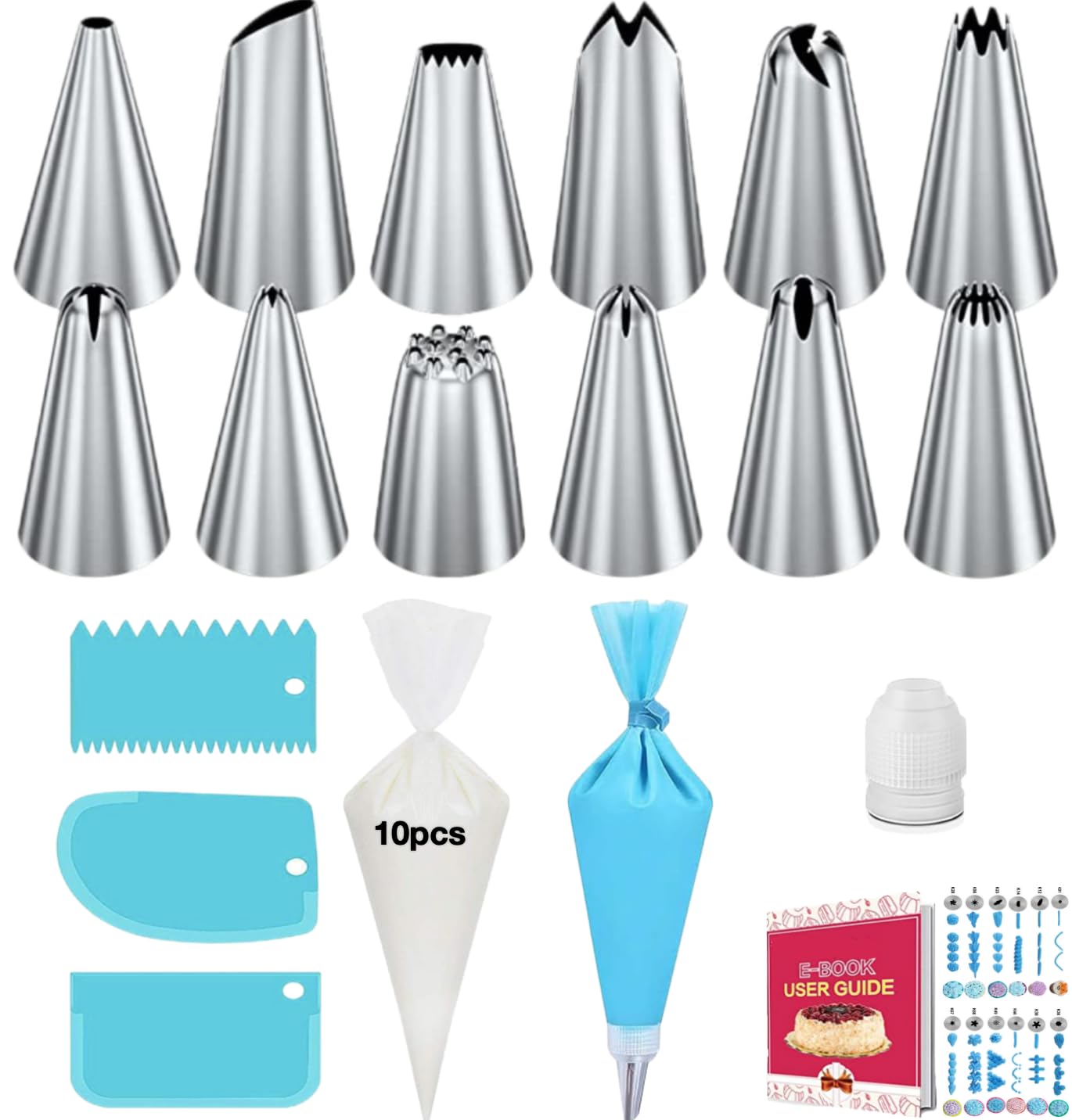 Tingjia Piping Bags and Tips Set, Cupcake Piping Tips Cake Decorating Kit with 12 Cake Frosting Icing Tips, 11 Pastry Bags, 3 Cake Scrapers, 1 Reusable Couplers for Baking