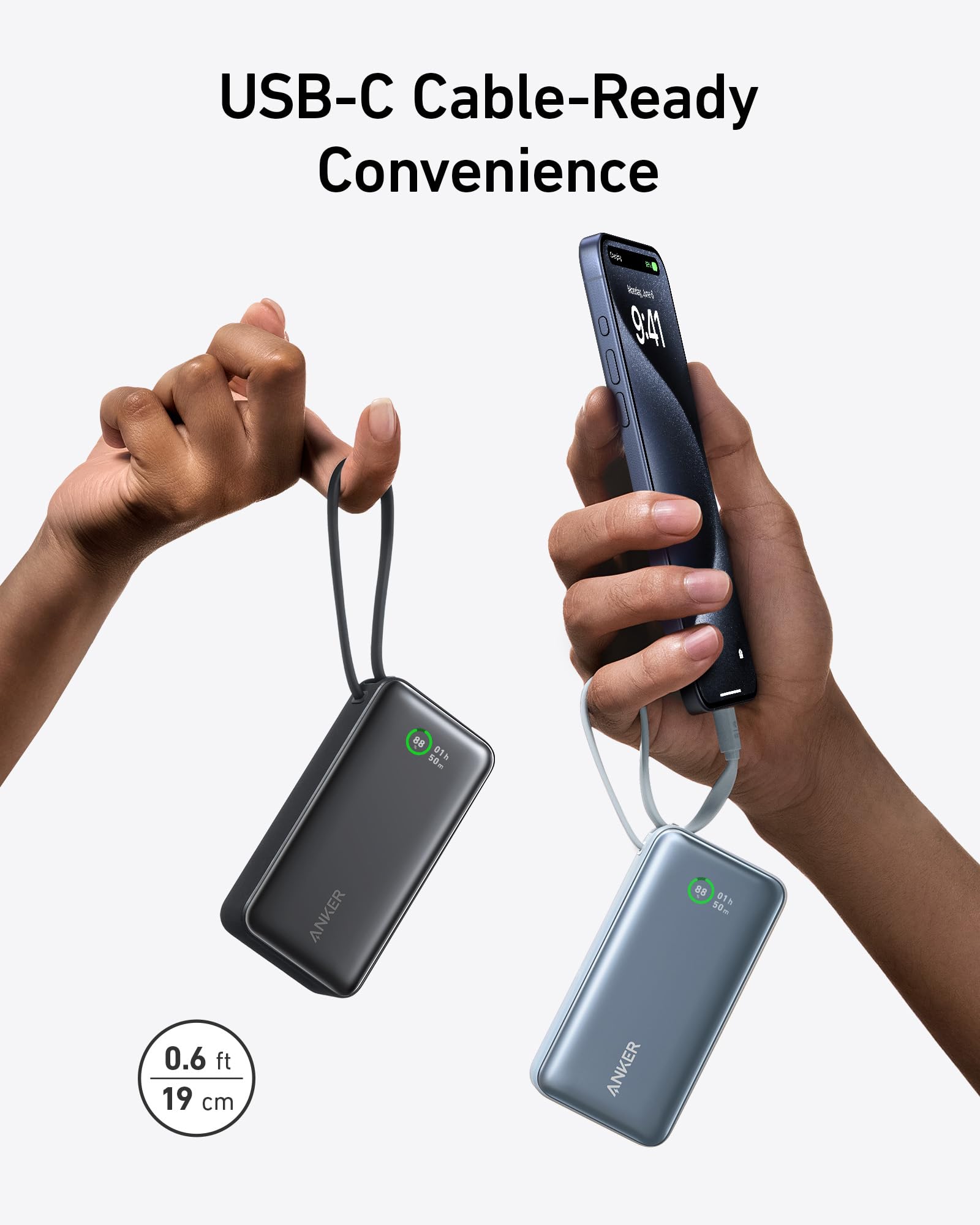 Anker Nano Power Bank, 10,000mAh Compact Portable Charger Battery Pack with Built-in USB C Cable, 30W Max Output with 1 USB-C, 1 USB-A, Compatible for iPhone 15 Series, MacBook, Galaxy, for Travel