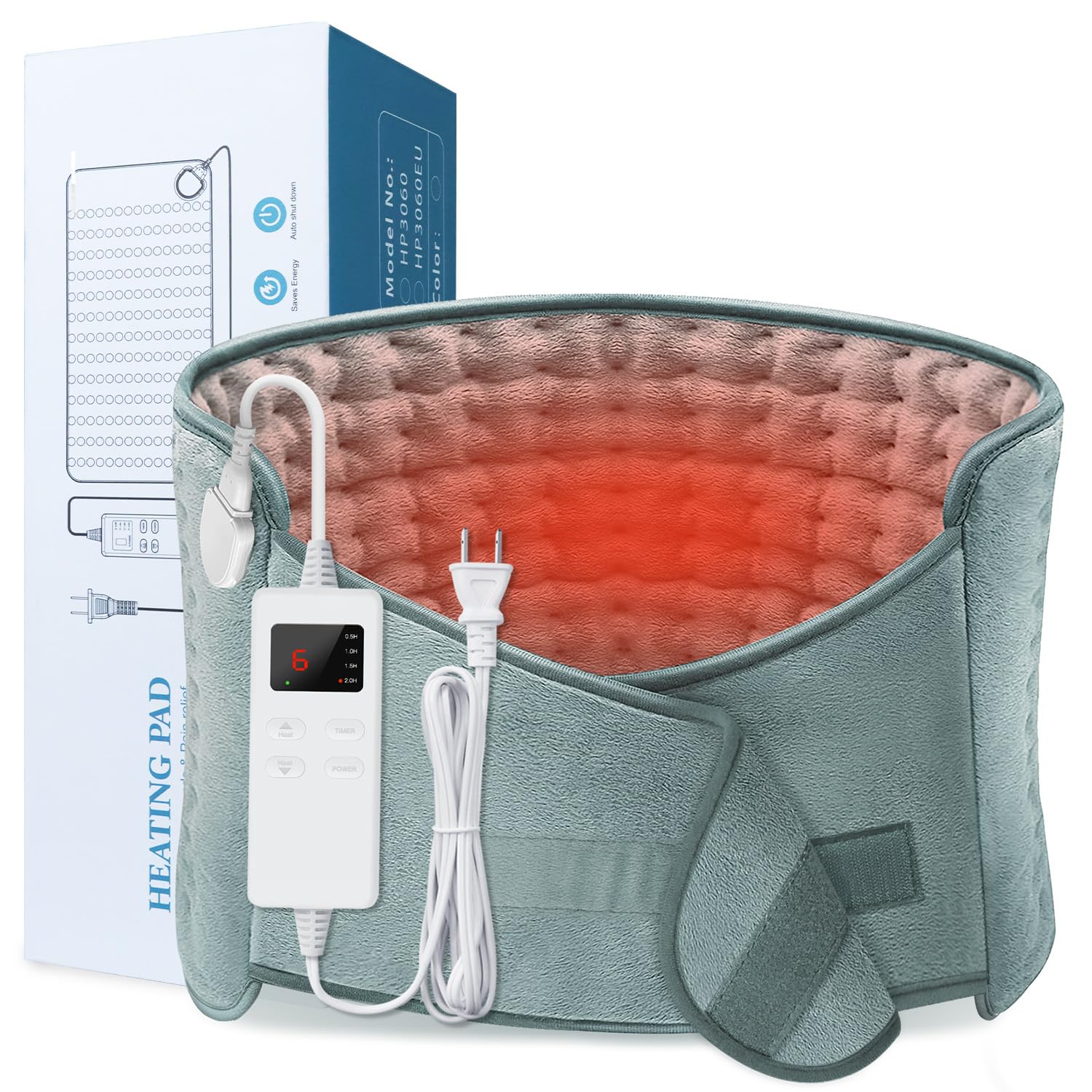 Heating Pad for Back Pain Relief, Electric Heating Pad 12"x24"+20" Large Heat Pad with Loop Fasten, Auto Shut Off, 6 Heat Setting, Moist Heating Pad for Cramps, Menstrual Pain,Neck and Shoulders