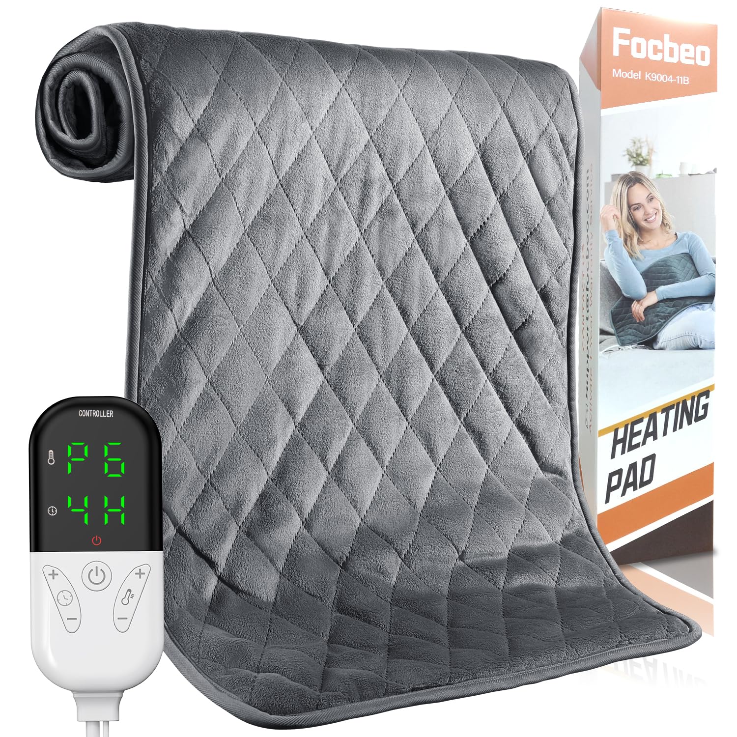 Focbeo Heating Pad for Back Pain Relief, 17''x33'' Extra Large Electric Heating Pad for Cramps, Neck, Shoulder 6 Heat Settings with Auto Shut Off, Machine Washable, Grey