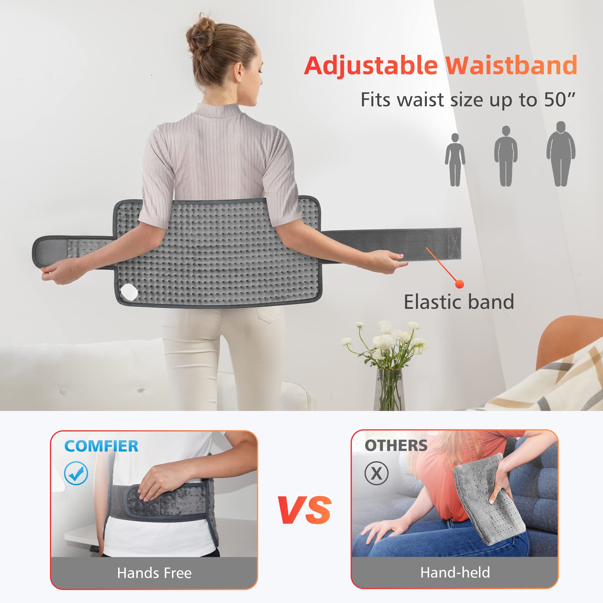 Comfier Heating Pad for Back, Heat Pad for Back with 6 Heat Settings & Auto Shut Off,Heated Back Wrap with Strap as Gift for Mom Women or Dad