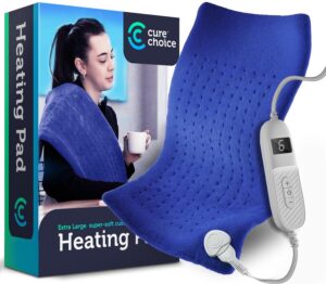 cure choice® back heating pad for back pain 12"x24" xl electric heating pad for back pain relief, ultra soft microplush heat pad for back, 10 fast heat settings, auto shut-off, washable, royal blue