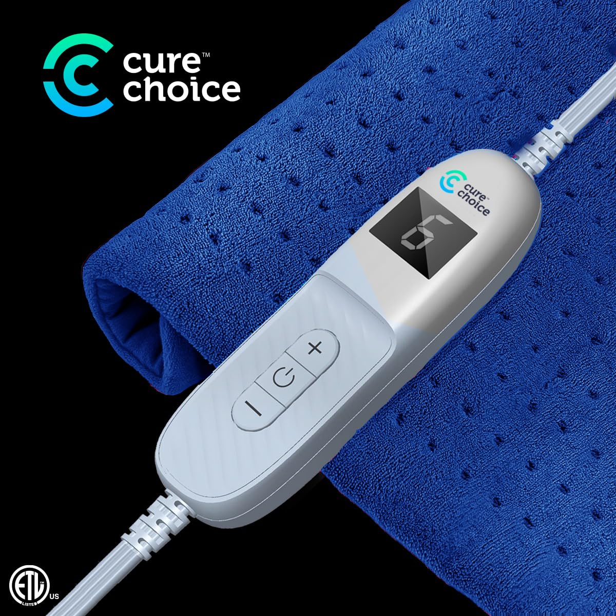 Cure Choice® Back Heating Pad for Back Pain 12"x24" XL Electric Heating Pad for Back Pain Relief, Ultra Soft Microplush Heat Pad for Back, 10 Fast Heat Settings, Auto Shut-Off, Washable, Royal Blue