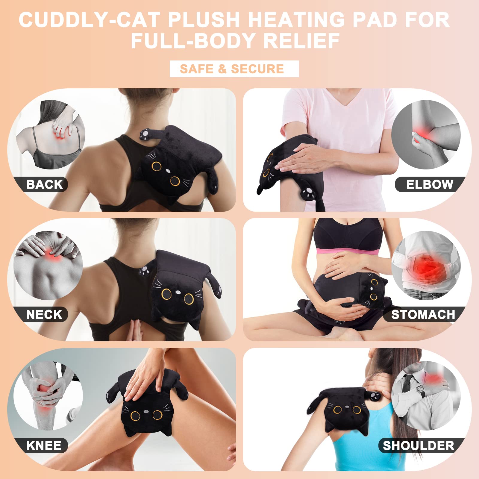 Microwave Heating Pad for Cramps Pain Relief, 16 * 12'' Moist Microwavable Period Menstrual Heating Pads for Cramps, Back, Neck Shoulder and Knee, Cute Stuffed Animal Heating Pad - Black Cat