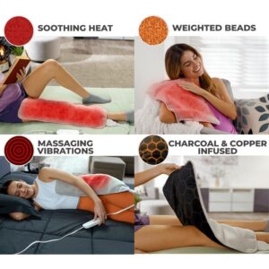 Calming Heat Copper + Charcoal Vibrating Heating Pad by Sharper Image- Weighted Electric Heating Pad, 9 Settings- 3 Heat, 6 Massage- 18 Relaxing Combinations, 12” x 24", 4 lbs