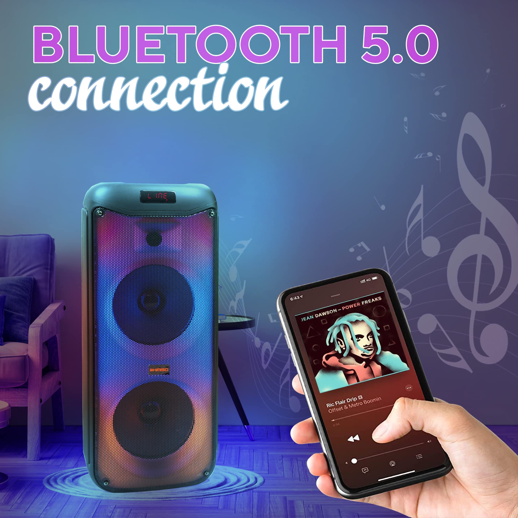 High Power Bass Portable Wireless Bluetooth Studio Dj Party Concert Speaker's - Colorful Liquid Motion Light Changing Rechargeable Waterproof Outdoor Loud Speaker (Ultra Dual 8'' Speaker w (1) Mic)