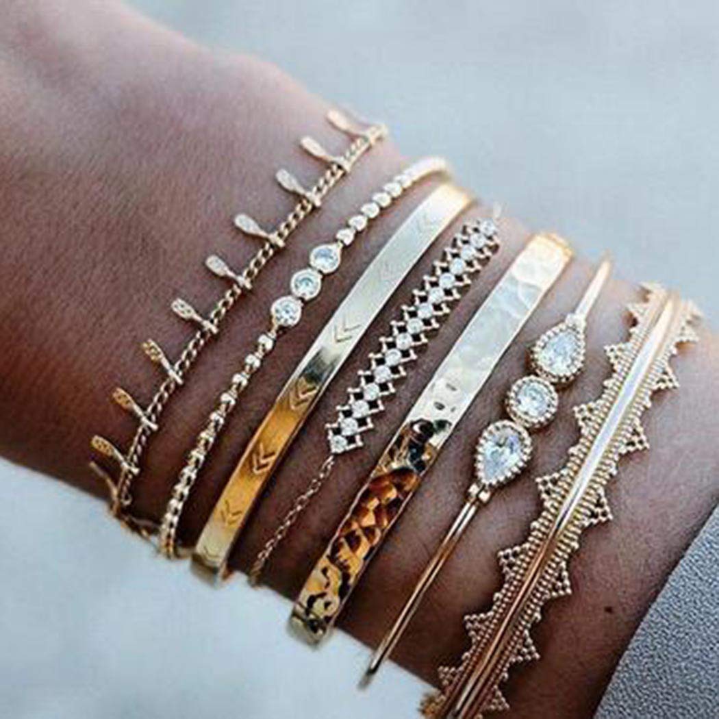 Sakytal Boho Gold Cuff Bangles Bracelets Layered Stackable Bracelet Set Rhinestone Open Cuff Bracelet for Women(7Pcs)