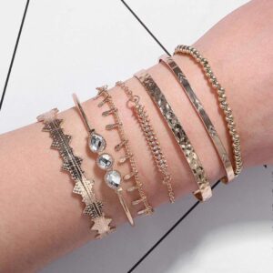 Sakytal Boho Gold Cuff Bangles Bracelets Layered Stackable Bracelet Set Rhinestone Open Cuff Bracelet for Women(7Pcs)