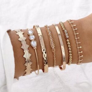 Sakytal Boho Gold Cuff Bangles Bracelets Layered Stackable Bracelet Set Rhinestone Open Cuff Bracelet for Women(7Pcs)