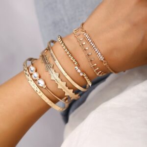 Sakytal Boho Gold Cuff Bangles Bracelets Layered Stackable Bracelet Set Rhinestone Open Cuff Bracelet for Women(7Pcs)