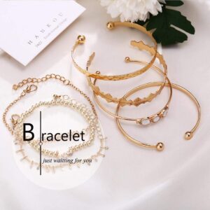 Sakytal Boho Gold Cuff Bangles Bracelets Layered Stackable Bracelet Set Rhinestone Open Cuff Bracelet for Women(7Pcs)