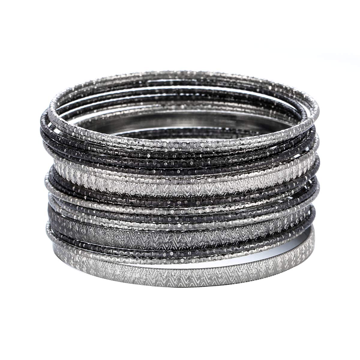 Ensoul 2.68" Inner Diameter Silver Lt Hematite Multiple Textured Metal Bracelets & Bangles Set For Women 18Pcs/Set