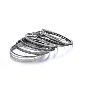 Ensoul 2.68" Inner Diameter Silver Lt Hematite Multiple Textured Metal Bracelets & Bangles Set For Women 18Pcs/Set