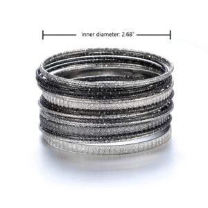 Ensoul 2.68" Inner Diameter Silver Lt Hematite Multiple Textured Metal Bracelets & Bangles Set For Women 18Pcs/Set