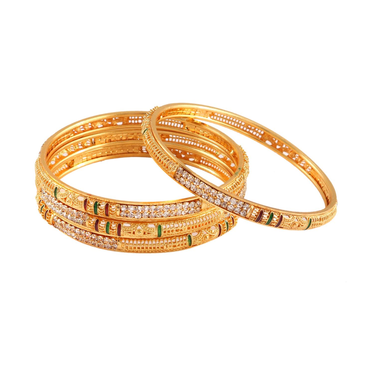 Jewar Mandi Bangles Gold Plated Silver Etching Handmade Work Bracelet Jewelry for Women & Girls (Two Tone Bangles, 2.8) (Stones with Meena Work-2, 2.8)