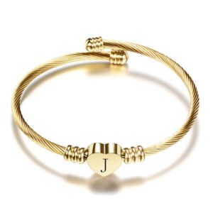 MiniJewelry Gold Women Girls Letter J Initial Bracelets Love Heart Charm Alphabet Name Cuff Bangle Bracelet Stainless Steel