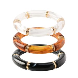 GOOJIDS Bamboo Tube Bangles Bracelet Chunky Curved Stacking Clear Acrylic Colorful Beads Stretchable Friendship Gold Bracelets Gift For Women (Q-Black 3pcs set)