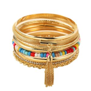 colorful bling boho gold indian multi cuff bangle bracelet layered rhinestone pearl stackable cable smooth bracelet set bohemian jewelry for women-tassel